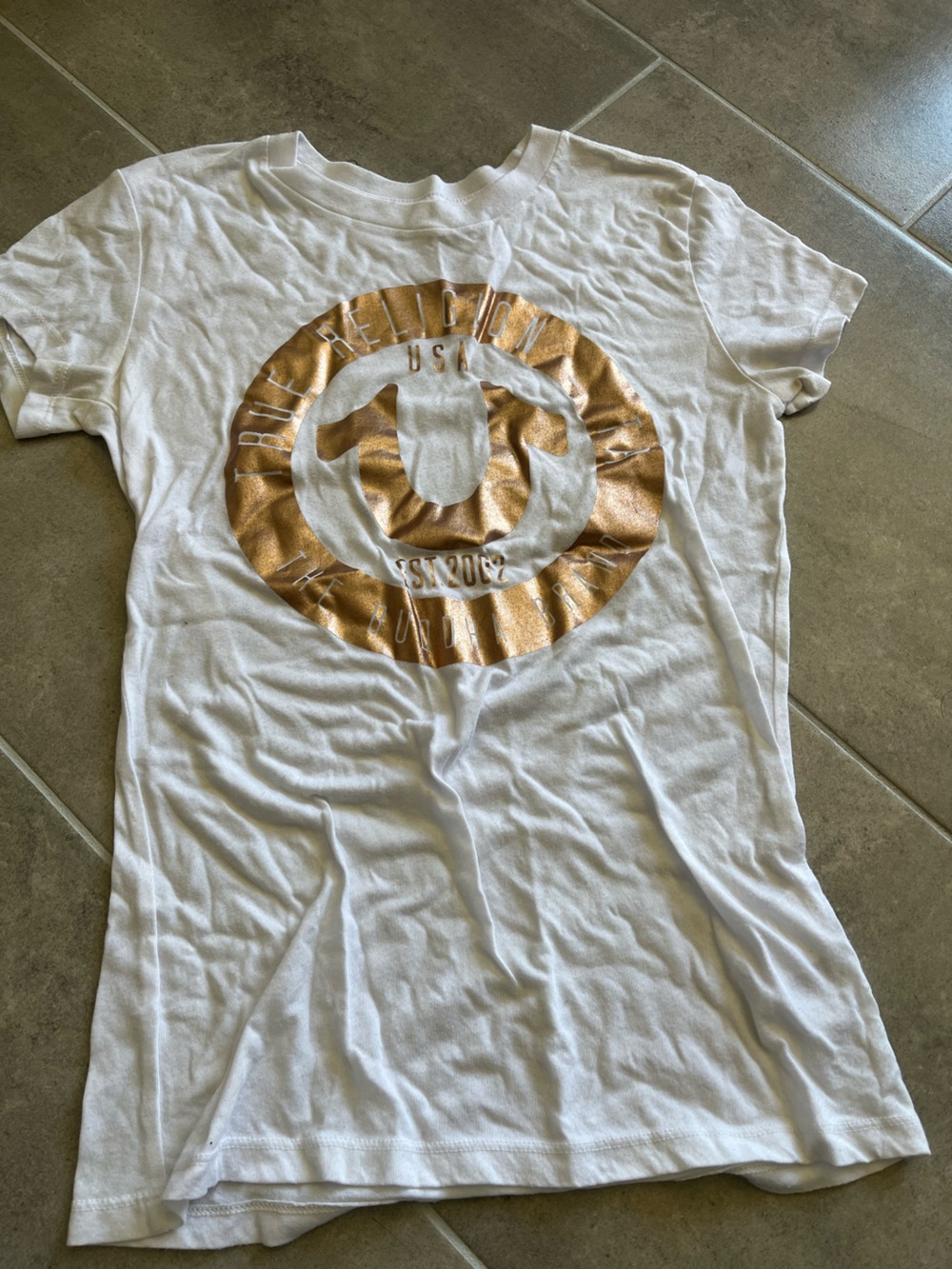 White Women's True Religion Graphic Tee with Metallic Rose Gold Logo